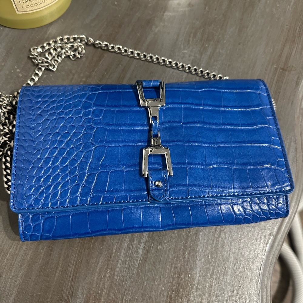 Sam Edelman Leather Blue Croc-Embossed Chain Bag